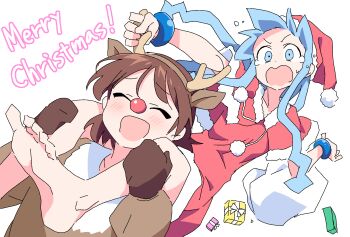 2girls anbe_masahiro animal_costume animal_ears antlers barefoot blue_hair box bracelet brown_hair brown_mittens capelet carrying christmas closed_eyes cosplay deer_ears dress fake_animal_ears fake_antlers feet fur-trimmed_capelet fur_trim gift gift_box hat highres horns ikamusume jewelry merry_christmas mittens multiple_girls nagatsuki_sanae open_mouth panicking piggyback pom_pom_(clothes) red_nose reindeer_antlers reindeer_costume rudolph_the_red_nosed_reindeer rudolph_the_red_nosed_reindeer_(cosplay) sack santa_costume santa_dress santa_hat shinryaku!_ikamusume simple_background tearing_up tears toes v-shaped_eyebrows white_background