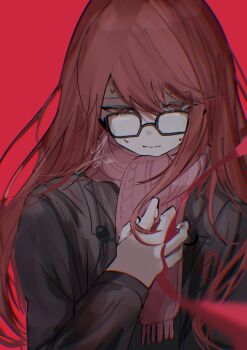 1girl absurdres black-framed_eyewear brown_jacket chromatic_aberration closed_mouth clutching_chest commentary glasses hand_on_own_chest highres jacket long_hair long_sleeves looking_down persona persona_5 persona_5_the_royal portrait rectangular_eyewear red_background red_eyes red_hair red_ribbon red_scarf red_theme ribbon scarf simple_background solo sweat swept_bangs yoka_(103xp) yoshizawa_sumire
