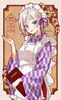 1girl alternate_costume anastasia_(idolmaster) apron blush commentary_request enmaided gpyz7575 grey_hair highres holding holding_menu idolmaster idolmaster_cinderella_girls japanese_clothes kimono looking_at_viewer maid maid_apron maid_headdress menu patterned_background purple_kimono short_hair smile solo twitter_username two-tone_kimono wa_maid wide_sleeves