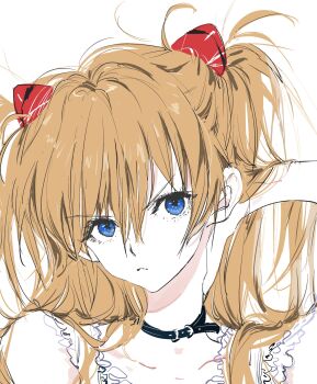 Rule 34 | 1girl, belt, belt collar, black belt, blue eyes, closed mouth, collar, hair between eyes, hairpods, highres, interface headset (evangelion), long hair, looking at viewer, needbee r, neon genesis evangelion, orange hair, portrait, simple background, solo, souryuu asuka langley, v-shaped eyebrows, white background