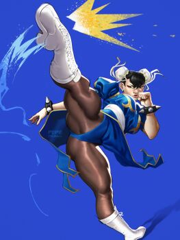 1girl artist_name black_eyes black_hair blue_background blue_dress blue_panties boots bracelet breasts brown_pantyhose bun_cover capcom china_dress chinese_clothes chun-li commentary double_bun dress earrings english_commentary eyeshadow floating_clothes groin_tendon hair_bun highres jewelry kicking large_breasts looking_at_viewer looking_up makeup panties pantyhose pepedraws puffy_short_sleeves puffy_sleeves red_eyeshadow short_sleeves solo sphere_earrings spiked_bracelet spikes street_fighter thick_thighs thighs underwear white_boots