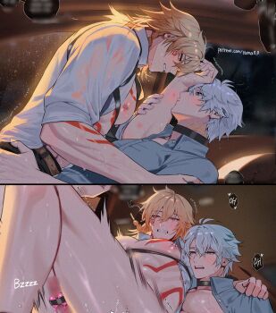 2boys antenna_hair arm_tattoo belt black_choker black_pants blonde_hair blue_eyes blush braid brown_belt censored chest_strap chest_tattoo choker collared_shirt commentary facial_tattoo gradient_hair grey_shirt highres honkai:_star_rail honkai_(series) implied_sex male_focus medium_hair multicolored_hair multiple_boys mydei_(honkai:_star_rail) neck_tattoo open_clothes open_shirt pants parted_bangs phainon_(honkai:_star_rail) red_hair red_tattoo shirt short_hair side_braid sleeves_rolled_up sun_symbol sun_tattoo symbol-only_commentary tan tattoo wet wet_clothes wet_shirt white_hair yaoi yellow_eyes yoma_0_0