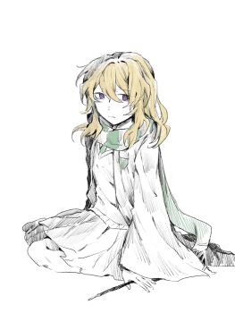 alternate_costume black_boots blonde_hair boots closed_mouth coat commentary dated_commentary green_scarf hair_between_eyes highres holding holding_wand long_hair long_sleeves maribel_hearn missing_headwear necktie oriharareimu purple_eyes scarf shirt simple_background sitting skirt touhou wand white_background white_coat white_shirt white_skirt wide_sleeves winter_clothes