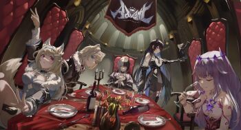 5girls alcohol animal_ears armchair asymmetrical_legwear banner black_hair black_horns black_jacket black_wings blonde_hair blue_eyes blue_hair bluehead_white_dragon bottle breasts broken_horn cake candlestand chair chest_jewel circlet cleavage closed_eyes colored_inner_hair cup demon_horns detached_sleeves dining_room dog_ears dog_girl dog_tail dress drinking_glass feather-trimmed_jacket feather-trimmed_sleeves feathered_wings fisheye food fuwawa_abyssgard fuwawa_abyssgard_(1st_costume) gem highres holding holding_cup holoadvent hololive hololive_english horns jacket koseki_bijou koseki_bijou_(1st_costume) large_breasts looking_at_viewer low_wings mococo_abyssgard mococo_abyssgard_(1st_costume) multicolored_hair multiple_girls nerissa_ravencroft nerissa_ravencroft_(1st_costume) off_shoulder outstretched_arm plate purple_gemstone purple_hair red_eyes shiori_novella shiori_novella_(1st_costume) shirt sitting_sideways smile split-color_hair standing steepled_fingers table tail v vase vest virtual_youtuber w waistcoat white_dress white_hair white_shirt wilted_flower wine wine_bottle wine_glass wings yellow_eyes