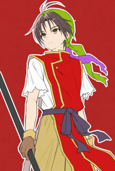 Rule 34 | 1boy, antenna hair, bandana, brown eyes, brown gloves, brown hair, brown pants, closed mouth, gensou suikoden, gloves, holding, looking to the side, male focus, mauve, outline, pants, red background, shirt, short sleeves, simple background, solo, standing, tir mcdohl, white outline, white shirt