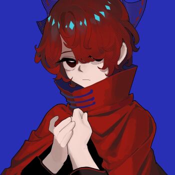 Rule 34 | 1girl, black shirt, blue background, bow, cape, clenched hand, closed mouth, clothes grab, fingernails, hair bow, hair over one eye, hands up, hashtag-only commentary, highres, large bow, long sleeves, looking at viewer, mgnin0, purple bow, red cape, red eyes, red hair, ribbon-trimmed bow, ribbon trim, sekibanki, shirt, short hair, simple background, solo, touhou, upper body, wavy hair