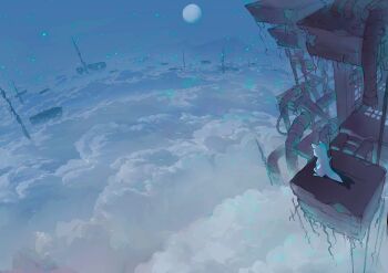 above_clouds chinese_commentary cloud commentary_request creature feisekong286 floating from_above full_moon highres in-universe_location industrial_pipe light_particles moon mountainous_horizon no_humans outdoors rain_world scenery sky slugcat standing steel_beam wide_shot