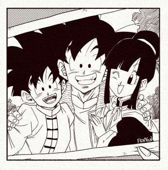 1girl 2boys chi-chi_(dragon_ball) dragon_ball dragonball_z family fenyon grey_background greyscale hair_bun highres medium_hair monochrome multiple_boys polaroid_photo simple_background son_gohan son_goku spiked_hair