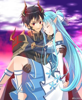 Rule 34 | 1boy, 1girl, abstract background, alternate costume, alternate eye color, armor, artist name, asuna (sao), asuna (sao-alo), bare shoulders, black armor, black coat, black gloves, black hair, black horns, blue cloak, blue dress, blue hair, blue sleeves, braid, breasts, brown armor, brown coat, brown horns, carrying, cloak, closed eyes, coat, commentary request, demon boy, demon horns, detached sleeves, dress, full body, gloves, grey coat, half up half down braid, hetero, highres, horns, kirito, kirito (sao-alo), long hair, long sleeves, looking at viewer, low neckline, medium breasts, medium dress, messy hair, multicolored armor, multicolored coat, multicolored sky, parted lips, pauldrons, pointy ears, princess, princess carry, purple sky, red armor, red eyes, red horns, red sky, short hair, shoulder armor, sky, sleeves past wrists, smile, sword art online, tu tora2, twitter username, two-tone dress, two-tone sleeves, unconscious, upper body, watermark, white dress, white sky, white sleeves