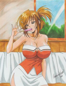 1girl absurdres akizuki_sara artist_name bed bed_sheet breasts brown_hair food food_in_mouth half_updo highres holding holding_food holding_popsicle kateikyoushi_no_onee-san large_breasts orange_shirt popsicle popsicle_in_mouth ravernclouk_design sexually_suggestive shirt short_hair sitting skirt sleeveless sleeveless_shirt solo white_skirt window