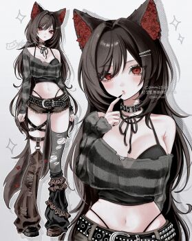 1girl :o absurdres animal_ears arm_at_side armpit_crease arms_at_sides asymmetrical_legwear belt belt_buckle belt_collar black_belt black_camisole black_collar black_hair black_leggings black_nails black_ribbon black_shoes black_shorts black_sweater black_tail blush breasts buckle camisole cleavage collar commentary crop_top cropped_sweater cutoffs denim denim_shorts detached_leggings fingernails flower frills grey_thighhighs hair_intakes highres laddered_thighhighs large_breasts leggings long_fingernails long_hair long_sleeves looking_at_viewer midriff multiple_views nail_polish navel neck_ribbon o-ring off-shoulder_sweater off_shoulder original oysi_mysi panty_straps parted_bangs parted_lips pink_lips polka_dot red_eyes red_flower ribbon shoes shorts single_bare_shoulder single_off_shoulder single_thighhigh striped_clothes striped_sweater sweater swept_bangs thigh_belt thigh_strap thighhighs torn_clothes torn_leggings torn_shorts torn_sweater torn_thighhighs untranslatable_commentary very_long_hair