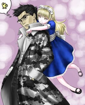 Rule 34 | 1boy, 1girl, ald, alice (megami tensei), atlus, belt, black hair, blonde hair, blunt bangs, coat, dress, glasses, hair ribbon, hairband, long hair, mary janes, pantyhose, petticoat, ribbon, shin megami tensei, shin megami tensei i, shoes, takeshi (megami tensei), white pantyhose, yellow eyes