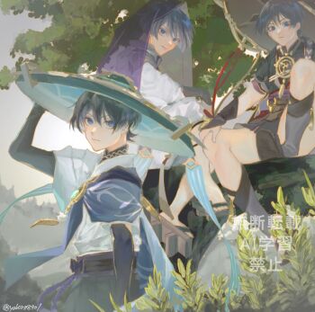 3boys aqua_gemstone arm_at_side armor belt black_belt black_bodysuit black_bow black_bridal_gauntlets black_eyes black_hair black_kimono black_shorts black_sleeves blue_cape blue_jingasa blue_pupils blunt_ends bodysuit bow bridal_gauntlets cape closed_mouth clothing_cutout commentary_request eyeliner eyeshadow feathers gem genshin_impact geta gold grey_hat grey_sandals grey_sleeves hair_between_eyes hand_on_own_knee hand_up hat japanese_armor japanese_clothes jewelry jingasa juban kararui0805 kariginu kimono knee_up kote kurokote layered_sleeves looking_at_viewer makeup mandarin_collar mitsudomoe_(shape) multiple_boys multiple_persona neck_ring o-ring open_clothes open_kimono outdoors pants pleated_shorts pom_pom_(clothes) purple_rope purple_sash purple_sleeves purple_veil red_eyeliner red_eyeshadow red_kimono red_sash rope sandals sash scaramouche_(genshin_impact) scaramouche_(kabukimono)_(genshin_impact) see-through_clothes see-through_veil shimenawa short_sleeves shorts shoulder_cutout sitting tilted_headwear toes tomoe_(symbol) tree tsurime twitter_username veil vision_(genshin_impact) wanderer_(genshin_impact) watermark white_kimono white_pants white_rope white_sleeves white_trim yellow_feathers