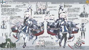 3girls absurdres ahoge anchor belt black_neckerchief black_pantyhose blue_eyes capelet commentary_request finland finnish_flag finnish_navy frilled_skirt frills full_body fur_trim hairband highres holding holding_polearm holding_weapon iku-turso_(personification) ilmarinen_(personification) ilmarinen_(ship) long_hair mecha_musume military multiple_girls neckerchief original pantyhose personification polearm ship_turret short_hair skirt teisei_misagi vainamoinen_(personification) vainamoinen_(ship) vehicle_and_personification very_long_hair weapon white_hair white_pantyhose