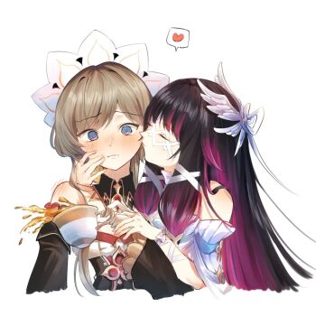 2girls @_@ bare_shoulders black_dress black_hair blue_eyes blush brown_hair closed_eyes columbina_(genshin_impact) commentary cup dress genshin_impact hand_on_another&#039;s_face heart holding holding_cup kiss kissing_cheek multiple_girls purple_streaks sandrone_(genshin_impact) shitake_bakudan shoulder_blush simple_background spilling spoken_heart tea teacup white_background white_dress yuri