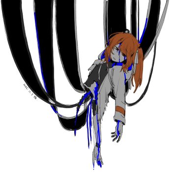 1girl a.i._voice adachi_rei android blood blue_blood cable commentary dated hashtag-only_commentary highres injury jacket long_sleeves open_clothes open_jacket orange_eyes orange_hair severed_torso solo utau white_background white_jacket yuu_(tangzeyuu)