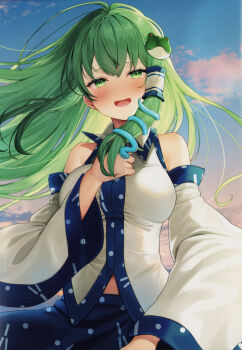 1girl :d absurdres bare_shoulders blue_skirt blue_sky breasts collared_shirt cowboy_shot detached_sleeves floating_hair frog_hair_ornament green_eyes green_hair hair_ornament hair_tubes highres kochiya_sanae long_hair long_sleeves looking_at_viewer medium_breasts navel open_mouth outdoors scan shirt single_hair_tube skirt sky sleeveless sleeveless_shirt smile snake_hair_ornament solo third-party_source touhou usushio white_shirt white_sleeves wide_sleeves wind