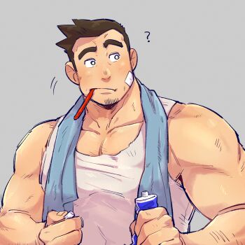1boy :/ ? absurdres ace_attorney bara brown_hair closed_mouth collarbone dick_gumshoe facial_hair gauze gauze_on_cheek goatee grey_background highres holding holding_tube looking_to_the_side male_focus muscular muscular_male pectoral_cleavage pectorals short_hair sideways_glance simple_background solo tank_top thick_eyebrows toothbrush toothbrush_in_mouth toothpaste towel towel_around_neck upper_body white_tank_top yowasabimechaoc