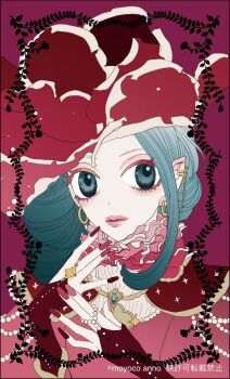 1girl anno_moyoco artist_name blue_eyes blue_hair bridal_gauntlets chocolat_meilleure closed_mouth colored_eyelashes commentary_request earrings hat jewelry official_art pink_lips pointy_ears ponytail purple_background red_hat red_nails single_sidelock solo sugar_sugar_rune