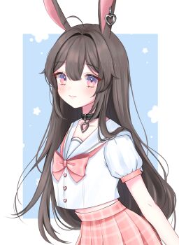 1girl absurdres ahoge animal_ears artist_name black_choker blue_background border bow bowtie brown_hair center-flap_bangs choker commentary cowboy_shot double-parted_bangs earrings english_commentary hair_intakes heart heart_choker heart_earrings highres jewelry loltinami long_hair multicolored_eyes outside_border parted_lips pink_bow pink_bowtie pink_eyes pink_shirt plaid_clothes plaid_skirt pleated_skirt rabbit_ears rabbit_girl sailor_collar school_uniform self-portrait serafuku shirt short_sleeves skirt smile solo standing tinami_(vtuber) two-tone_eyes vdonburi very_long_hair virtual_youtuber watermark white_border white_sailor_collar white_shirt