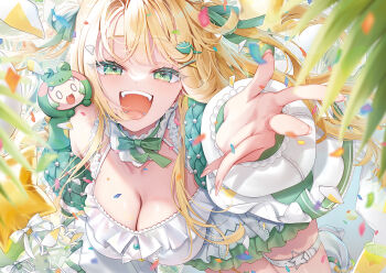 1girl 1other arm_up balloon blonde_hair blurry blurry_foreground bow breasts buttons camisole chibi chibi_on_shoulder cleavage commentary_request confetti dinosaur_costume dinosaur_girl dinosaur_hair_ornament dinosaur_tail dress fangs frilled_dress frilled_skirt frills from_above green_bow green_eyes green_jacket green_ribbon green_skirt hair_ornament hair_ribbon high_heels jacket koma_(kkbodkk) large_breasts leaf leg_warmers long_hair looking_at_viewer open_clothes open_hand open_jacket open_mouth reaching reaching_towards_viewer ribbon shoes short_dress skirt sleeveless sleeveless_dress smile star_(symbol) star_balloon tail teeth thigh_strap two-sided_fabric two-sided_jacket upper_teeth_only vbox virtual_youtuber white_camisole white_dress white_jacket white_leg_warmers white_shoes x_hair_ornament zaza_zauru