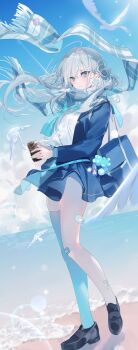 Rule 34 | 1girl, bag, bandaid, bandaid on leg, beach, black shoes, blue eyes, blue jacket, blue skirt, blue thighhighs, can, closed mouth, cloud, cloudy sky, floating hair, grey hair, highres, holding, holding can, jacket, loafers, long hair, looking at viewer, miwano rag, open clothes, open jacket, original, scarf, school bag, school uniform, shirt, shoes, single thighhigh, skirt, sky, solo, thighhighs, very long hair, white shirt