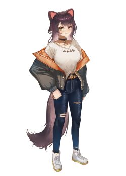 1girl :3 ange_katrina ange_katrina_(5th_costume) ange_katrina_(cosplay) animal_ears ankle_boots belt black_choker blue_pants blush boots breasts brown_belt brown_hair brown_tail choker closed_mouth collarbone commentary_request cosplay denim dog_ears dog_girl dog_tail doidamon eyelashes full_body grey_jacket heterochromia highres inui_toko jacket jeans long_hair long_sleeves looking_at_viewer medium_breasts nijisanji off_shoulder open_clothes open_jacket orange_jacket pants pendant_choker puffy_long_sleeves puffy_sleeves red_eyes shirt shirt_partially_tucked_in simple_background smile solo standing t-shirt tail tight_clothes tight_pants torn_clothes torn_jeans torn_pants two-sided_fabric two-sided_jacket virtual_youtuber white_background white_boots white_shirt yellow_eyes