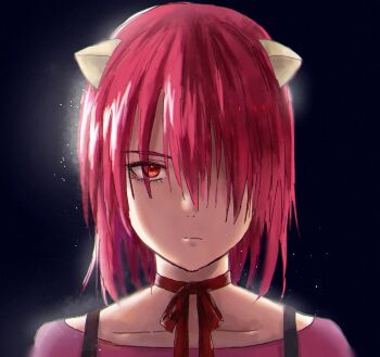 1girl black_background closed_mouth collarbone commentary_request elfen_lied expressionless hair_over_one_eye horns light_particles looking_at_viewer lucy_(elfen_lied) mifune_(kir_box) neck_ribbon pink_shirt red_eyes red_hair ribbon shirt short_hair solo