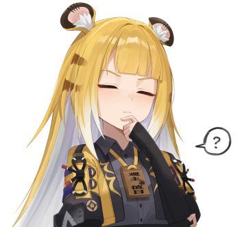 1girl ? absurdres animal_ears black_gloves black_jacket blonde_hair brown_hair chinese_commentary closed_eyes closed_mouth collared_shirt commentary_request derivative_work elbow_gloves fingerless_gloves gloves grey_shirt highres jacket ju_fufu revision screenshot_redraw shirt simple_background solo speech_bubble spoken_question_mark tiger_ears tiger_girl upper_body weimiaw white_background white_hair zenless_zone_zero