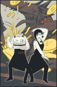 1girl apron black_apron black_hair bow bowtie burger chainsaw chainsaw_devil chainsaw_man commentary dancing family_burger_(chainsaw_man) family_burger_mascot_(chainsaw_man) food french_fries hair_ornament hairclip higashiyama_kobeni highres mascot_head matahei musical_note nervous_sweating one_eye_closed open_mouth sharp_teeth signature sweat tears teeth