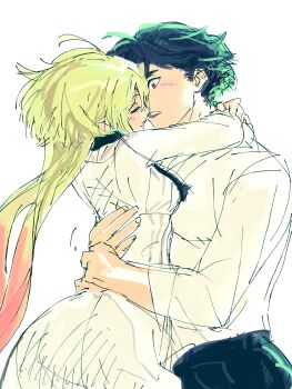 2boys absurdres arms_around_neck black_hair blonde_hair breast_padding closed_eyes crossdressing crossdressing_(mtf) dress gero_hikaru gradient_hair highres hug kinosaki_mei long_hair long_sleeves male_focus marriagetoxin mole mole_under_mouth multicolored_hair multiple_boys shirt short_hair trap weareagito white_background yaoi