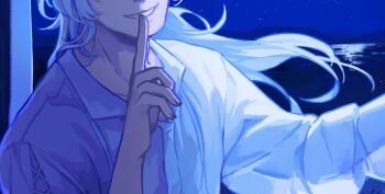 1boy a_date_with_death blue_sky casper_(a_date_with_death) clear_sky collared_shirt eyes_out_of_frame facing_viewer finger_to_mouth grin head_out_of_frame highres horizon index_finger_raised jellyfish_cut long_hair male_focus mountainous_horizon night ocean official_art out_of_frame promotional_art shirt shushing sky smile solo star_(sky) starry_sky white_hair white_shirt wind
