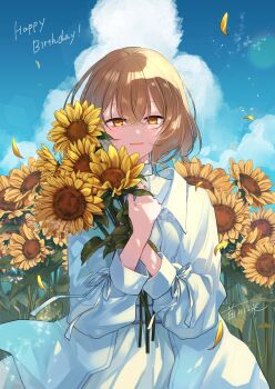 Rule 34 | 1girl, brown eyes, brown hair, commentary, dappled sunlight, flower, highres, looking at viewer, momoiro, open mouth, petals, short hair, sky, sunflower, sunlight, symbol-only commentary, watashi wo tabetai hitodenashi, yaotose hinako