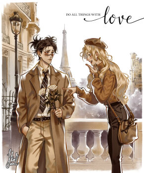 1boy 1girl black_hair black_pants blonde_hair brown_coat brown_sweater choso_(jujutsu_kaisen) coat commentary eiffel_tower flower hand_in_pocket hat highres holding holding_flower jujutsu_kaisen long_hair looking_at_another pants rose skar_1004 sweater tsukumo_yuki_(jujutsu_kaisen) twintails white_flower white_rose