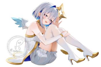 Rule 34 | + +, 1girl, adversarial noise, alternate costume, amane kanata, angel, angel wings, bare shoulders, blue hair, blue wings, blush, boots, bridal gauntlets, clothing cutout, colored inner hair, commentary request, crossed bangs, detached collar, dress, elbow gloves, feathered wings, full body, glove cutout, gloves, gold trim, gradient wings, grey hair, hair between eyes, hair intakes, halo, hand on own leg, hand up, high heel boots, high heels, highres, hololive, knees up, legs, looking at viewer, medium hair, mini wings, multicolored hair, multicolored wings, off-shoulder dress, off shoulder, open hand, open mouth, oracle (amane kanata), purple eyes, sidelocks, simple background, sitting, smallpine 7, smile, solo, star halo, thigh boots, virtual youtuber, watermark, white background, white boots, white dress, white gloves, white wings, wings