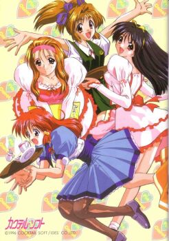 1996 4girls :d black_hair blue_dress blue_eyes brown_hair cocktail_soft dated dress hairband highres holding holding_tray inaba_shouko kawai_yukiko kinoshita_rumi kokubo_reika multiple_girls official_art open_mouth outstretched_arms pia_carrot_(series) pia_carrot_e_youkoso!! pink_hairband red_dress red_hair smile tray tripping twintails waitress