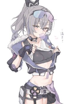 1girl blowing_bubble_gum bow chewing_gum clothes_lift coa_(35_seno) commentary_request cowboy_shot gloves grey_eyes grey_hair hair_bow highres honkai:_star_rail honkai_(series) jacket navel ponytail shirt_lift short_shorts shorts silver_wolf_(honkai:_star_rail) simple_background solo sports_bra white_background