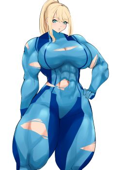 Rule 34 | 1girl, abs, absurdres, alternate muscle size, arm behind leg, biceps, blonde hair, blue bodysuit, blue eyes, bodysuit, breasts, cleavage cutout, clothing cutout, commentary, cowboy shot, english commentary, eyelashes, hand on own hip, high ponytail, highres, jumpsuit, large breasts, looking at viewer, metroid, musctonk, muscular, muscular female, navel, nintendo, ponytail, samus aran, sidelocks, skin tight, thick thighs, thighs, torn bodysuit, torn clothes, white background, zero suit