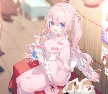 1girl :d absurdres blue_eyes blurry blurry_background blush bow breasts cat commentary commission feet_out_of_frame food frilled_sleeves frills hair_between_eyes highres hiraga_matsuri holding holding_food holding_spoon japanese_clothes kimono large_breasts long_hair long_sleeves looking_at_viewer open_mouth original pink_hair pink_kimono red_bow shaved_ice sitting skeb_commission smile solo spoon twintails wide_sleeves