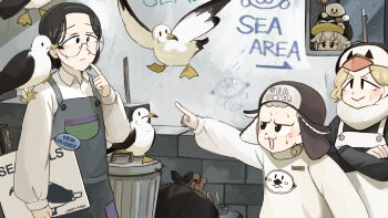 1boy 3girls absurdres accusations apron bird black_hair black_shirt blonde_hair commentary constricted_pupils diva_(hyxpk) donut_stamp duck english_commentary english_text glasses grey_apron grey_hair hat highres mouse_(animal) multiple_girls overalls penguin_hat penguin_keeper_(diva) pigeon pointing pointing_at_another puffin_keeper_(diva) round_eyewear scarf sea_otter_keeper_(diva) seagull shirt sweat trash_bag trash_can urban_area_keeper_(diva) white_overalls white_scarf white_shirt zoo zookeeper zookeepers_(diva)