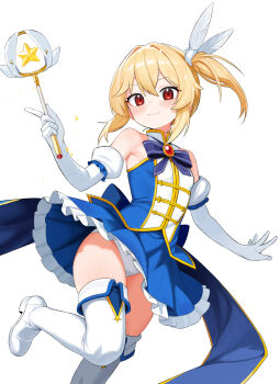 absurdres bare_shoulders blonde_hair blue_dress boots breasts commentary_request dress elbow_gloves frilled_dress frills girls'_frontline gloves highres holding holding_staff long_hair looking_at_viewer mage_staff nagant_revolver_(girls'_frontline) panties red_eyes shenqi_xiaohuang side_ponytail small_breasts smile staff thigh_boots underwear white_gloves white_panties