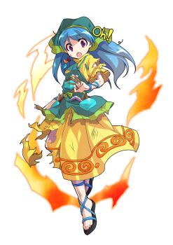 1girl alphes_(style) apron aqua_apron arm_ribbon between_fingers blue_hair blue_ribbon chisel commentary_request dairi dress fire full_body green_headscarf haniyasushin_keiki headscarf highres holding jewelry large_variant_set long_hair magatama magatama_necklace necklace parody pocket puffy_short_sleeves puffy_sleeves ribbon sandals short_sleeves solo style_parody tachi-e tools torn_clothes torn_dress touhou transparent_background variant_set wood_carving_tool yellow_dress