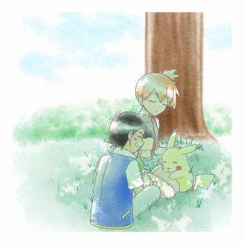 (pokemon) 1boy 1girl against_tree ash_ketchum black_hair blue_jacket blush closed_eyes closed_mouth day gen_1_pokemon gen_2_pokemon grass green_shorts headpat holding holding_pokemon jacket misty_(pokemon) navel nintendo orange_hair outdoors pants pikachu pokemon pokemon_(anime) pokemon_(classic_anime) pokemon_(creature) pokemon_rgby ponytail shirt short_hair short_sleeves shorts side_ponytail sitting sleeping sleeveless sleeveless_jacket smile suspenders teeth togepi tree twitter_username under_tree yellow_shirt