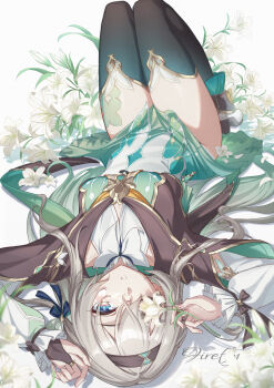 1girl aqua_skirt black_jacket cropped_jacket firefly_(honkai:_star_rail) flower flower_over_eye grey_hair hair_ribbon hairband highres honkai:_star_rail honkai_(series) jacket knees_up looking_at_viewer lying natsugou_shinogi on_back revision ribbon skirt solo