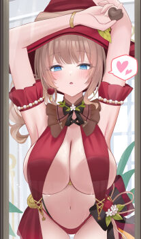 Rule 34 | 1girl, absurdres, against glass, arm cuffs, armpits, arms up, blue eyes, blush, bracelet, breast curtains, breast press, breasts, breasts on glass, brown hair, candy, chocolate, chocolate heart, cleavage, commentary request, food, frilled cuffs, frills, glass, hand on glass, hat, heart, heart-shaped food, highres, jewelry, large breasts, large hat, long hair, mochizuki honami, navel, panties, parted lips, project sekai, red hat, red panties, sekijitsu no read-aloud (project sekai), sideboob, spoken heart, standing, stomach, thighs, underboob, underwear, usagi melon3, witch hat