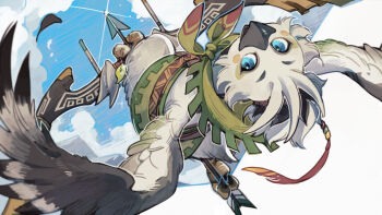 1boy arrow_(projectile) beak bird_boy blue_eyes blue_sky bow_(weapon) cloud commentary_request feathers from_above furry furry_male green_neckerchief holding_with_feet looking_at_viewer luminous_slime male_focus neckerchief nintendo outdoors rito sky smile solo the_legend_of_zelda the_legend_of_zelda:_tears_of_the_kingdom tulin_(zelda) weapon winged_arms wings