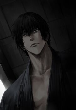 1boy black_hair closed_mouth from_below fushiguro_touji grey_eyes hair_between_eyes highres japanese_clothes jujutsu_kaisen lips male_focus nose short_hair solo sso_s