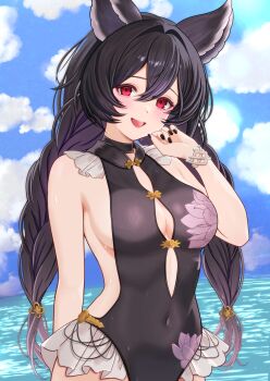 1girl animal_ears arm_up bare_shoulders black_choker black_hair black_nails black_one-piece_swimsuit blue_sky blush braid breasts bug casual_one-piece_swimsuit choker cleavage cloud cloudy_sky commentary_request covered_navel day erune floral_print frilled_one-piece_swimsuit frills granblue_fantasy hair_between_eyes highres hilda_sakura large_breasts long_hair looking_at_viewer nail_polish nier_(granblue_fantasy) nier_(lover_by_the_lily_lake)_(granblue_fantasy) ocean official_alternate_costume one-piece_swimsuit open_mouth red_eyes rinnerna shirt sideboob sky smile solo standing swimsuit teeth twin_braids upper_body upper_teeth_only water white_shirt