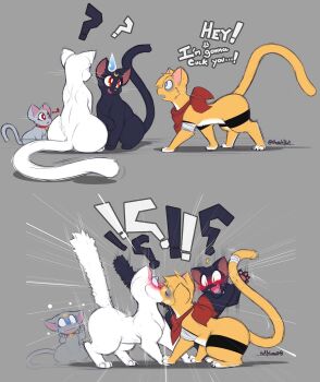 ! !! 0r0 0r0ch1 ? artemis_(sailor_moon) awkward bishoujo_senshi_sailor_moon blush cat collar diana_(sailor_moon) embarrassed english_text highres kiss luna_(sailor_moon) scarf surprised sweatdrop talking thick_thighs thighs vanishing yaoi