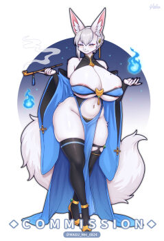 1girl animal_ear_fluff animal_ears areola_slip bare_shoulders black_thighhighs blue_fire blush breasts closed_eyes closed_mouth commentary commission english_commentary fire full_body furry furry_female grey_hair high_heels highres huge_breasts long_sleeves mo_(k40633) mole mole_on_breast mole_under_mouth navel navel_piercing off_shoulder original pelvic_curtain piercing short_hair smoking_pipe solo standing stomach tail thighhighs thighs underboob wide_hips wide_sleeves